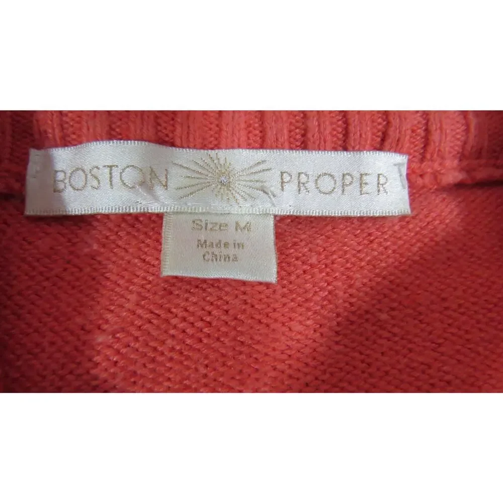 Boston Proper Zip Silk Blend Sweater Womens M Coral Knit Ribbed Stretch Cardigan